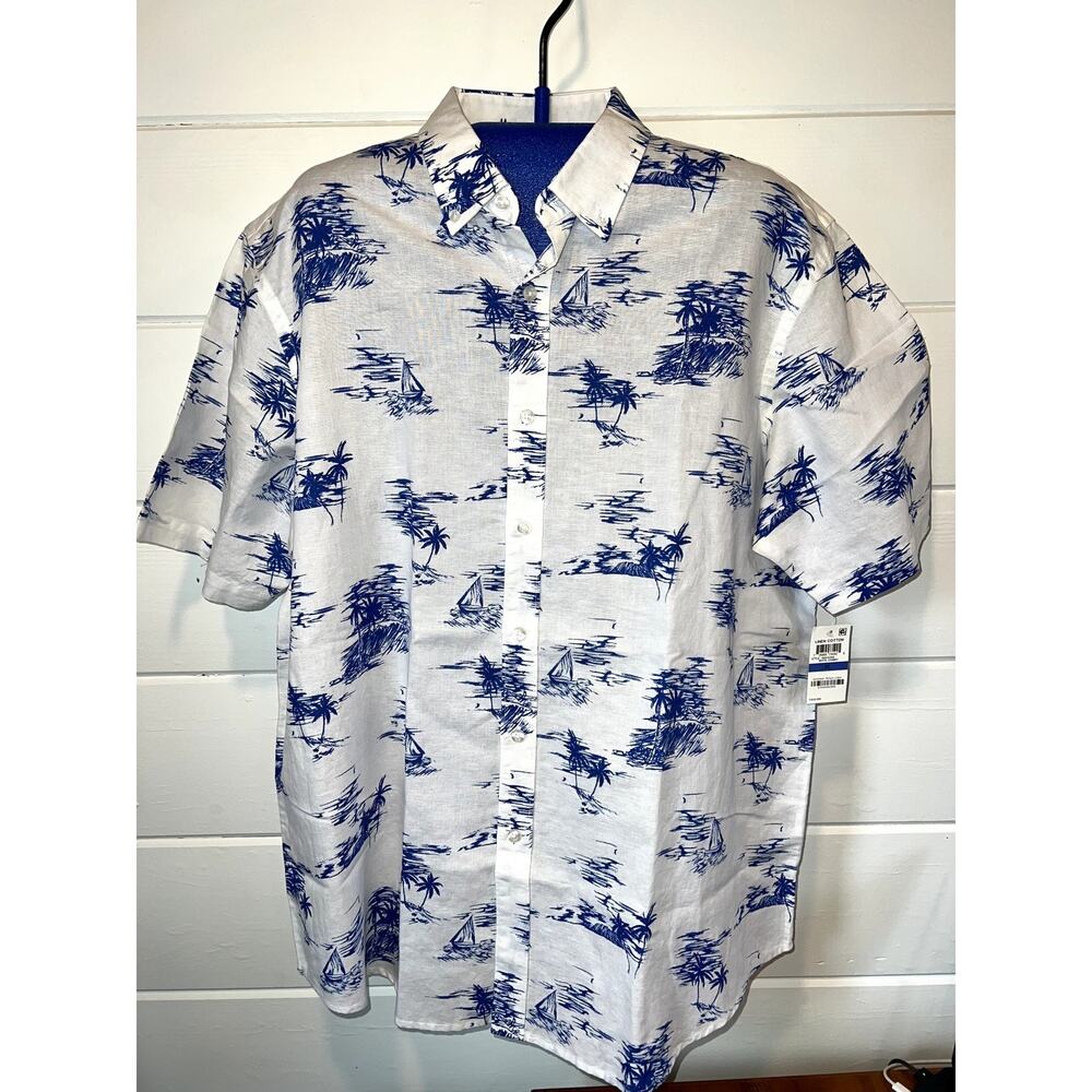 Club Room Mens XL Linen Blend White Blue Tropical Palm Tree‎ Sailboat Shirt